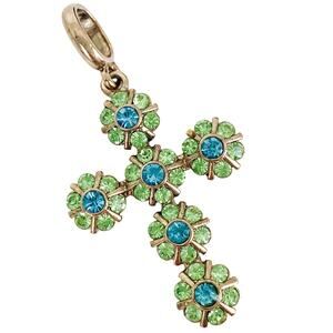 Vintage Gold Tone Blue Green Rhinestone Floral 2" Cross Pendant with Large Bale